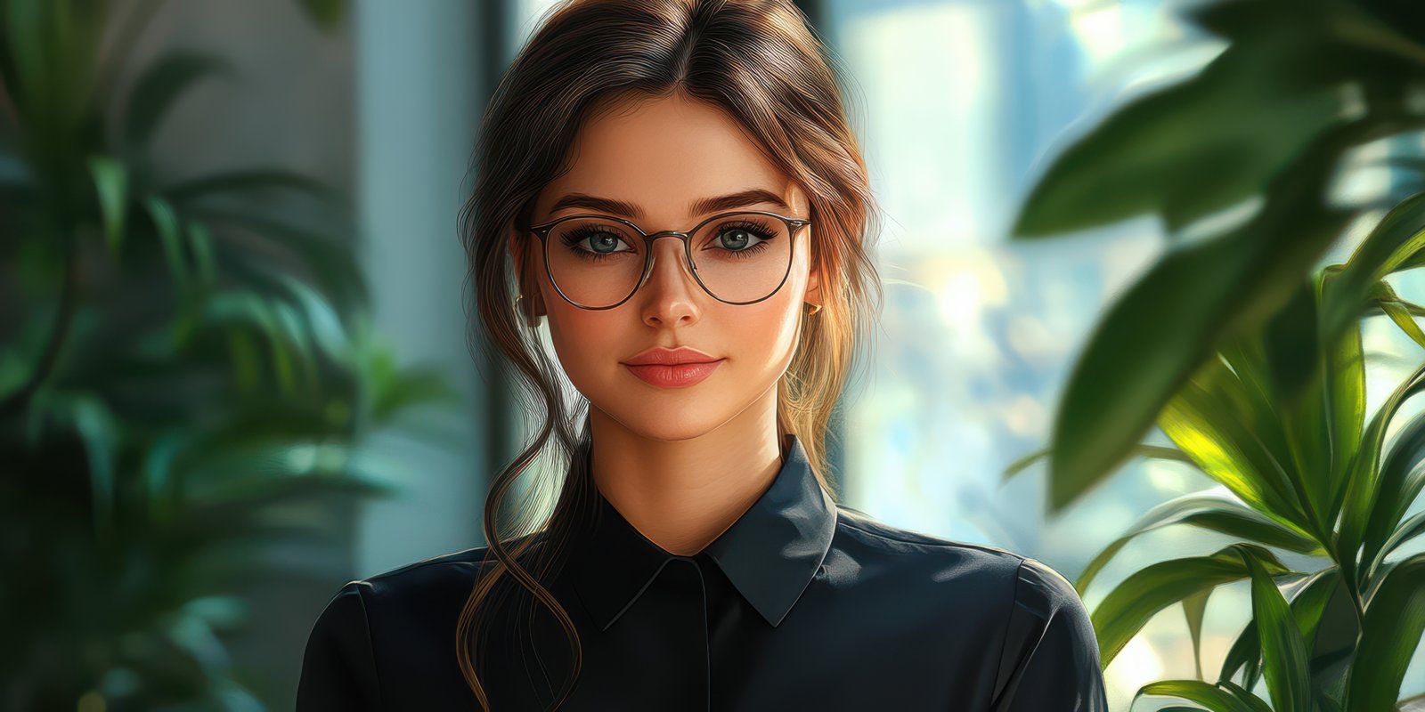 Young woman with glasses poses confidently in a bright, plant-filled room during the afternoon